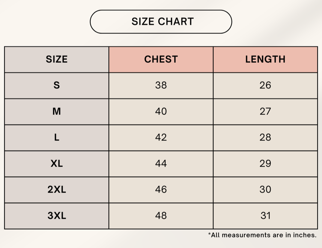 Size chart for clothing with chest and length measurements in inches.