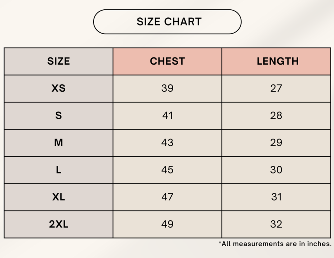Size chart for clothing with chest and length measurements in inches.