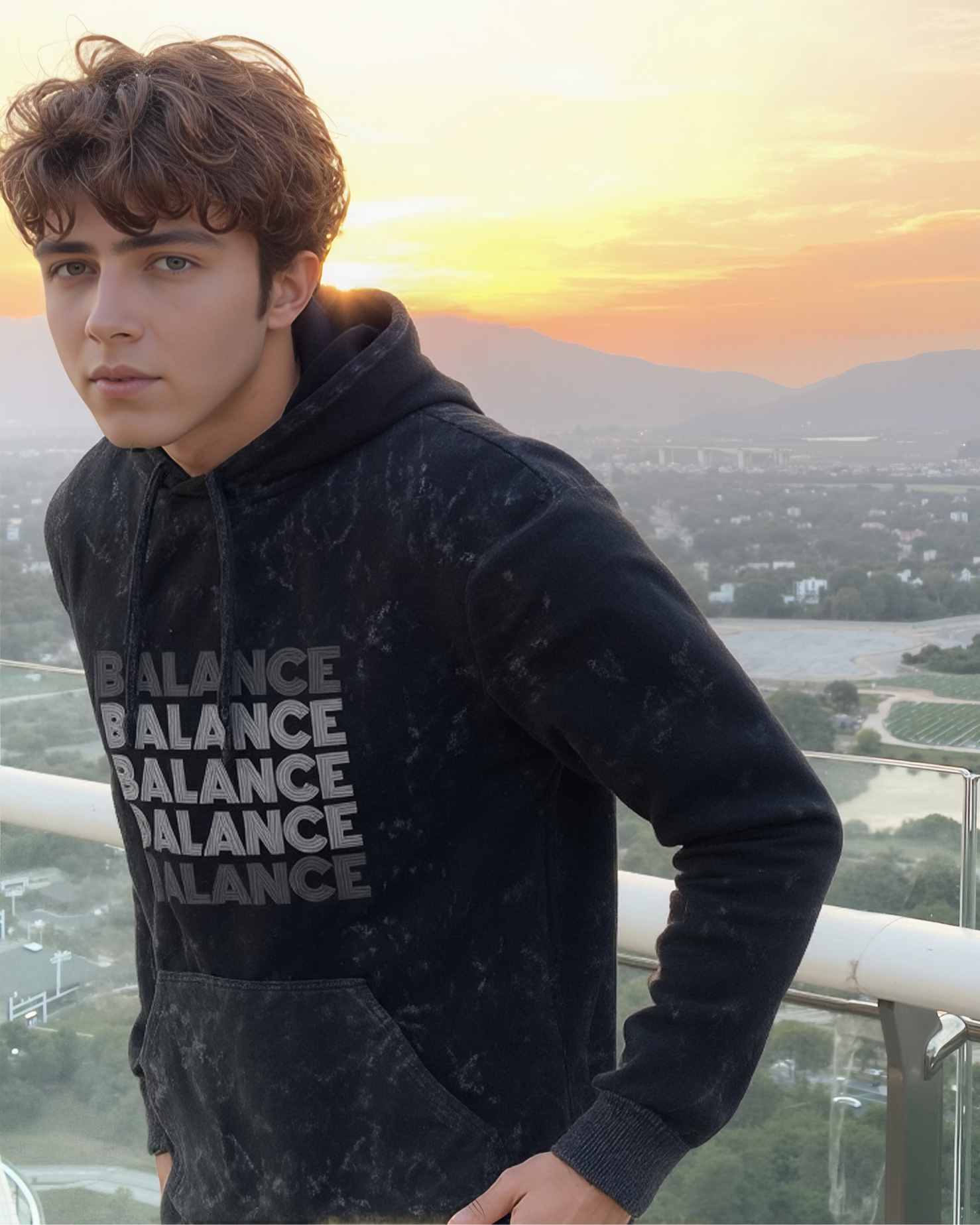 Person wearing a black hoodie with 'BALANCE' text, standing against a sunset cityscape.