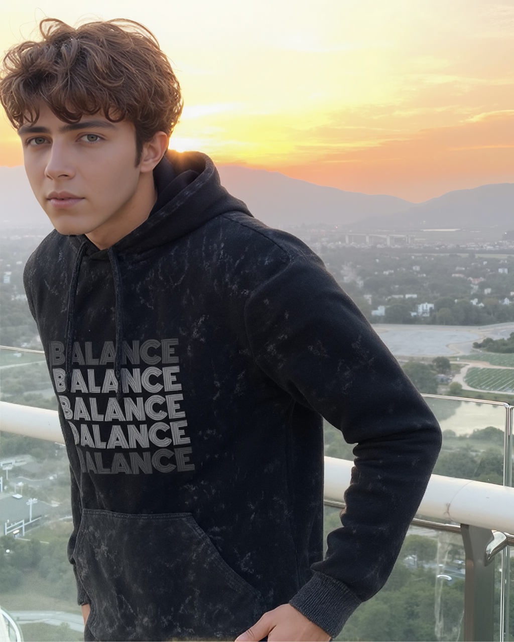 Person wearing a black hoodie with 'BALANCE' text, standing against a sunset cityscape.