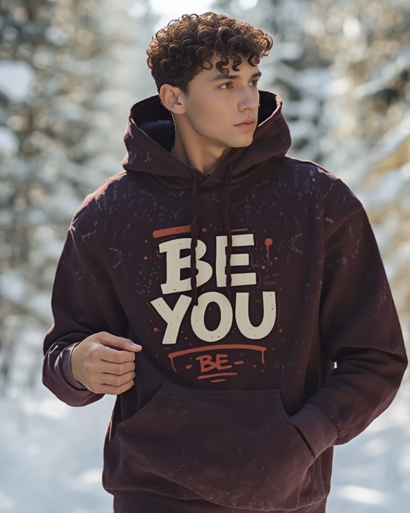 Person wearing a hoodie with 'BE YOU' text in a snowy outdoor setting