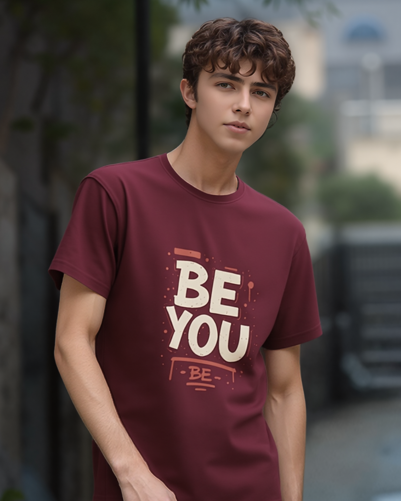 Person wearing a maroon t-shirt with 'BE YOU' text outdoors.
