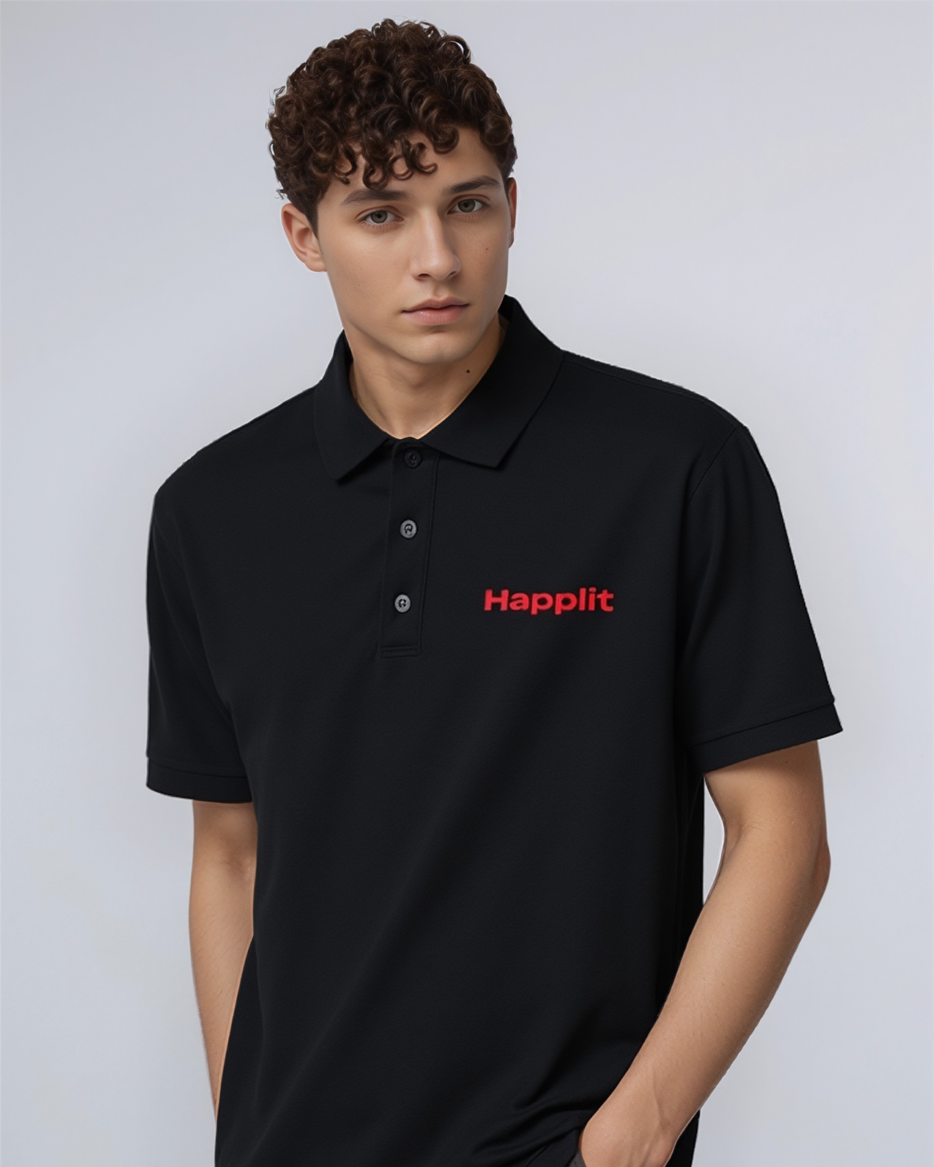 Person wearing a black polo shirt with 'Happit' logo on a white background