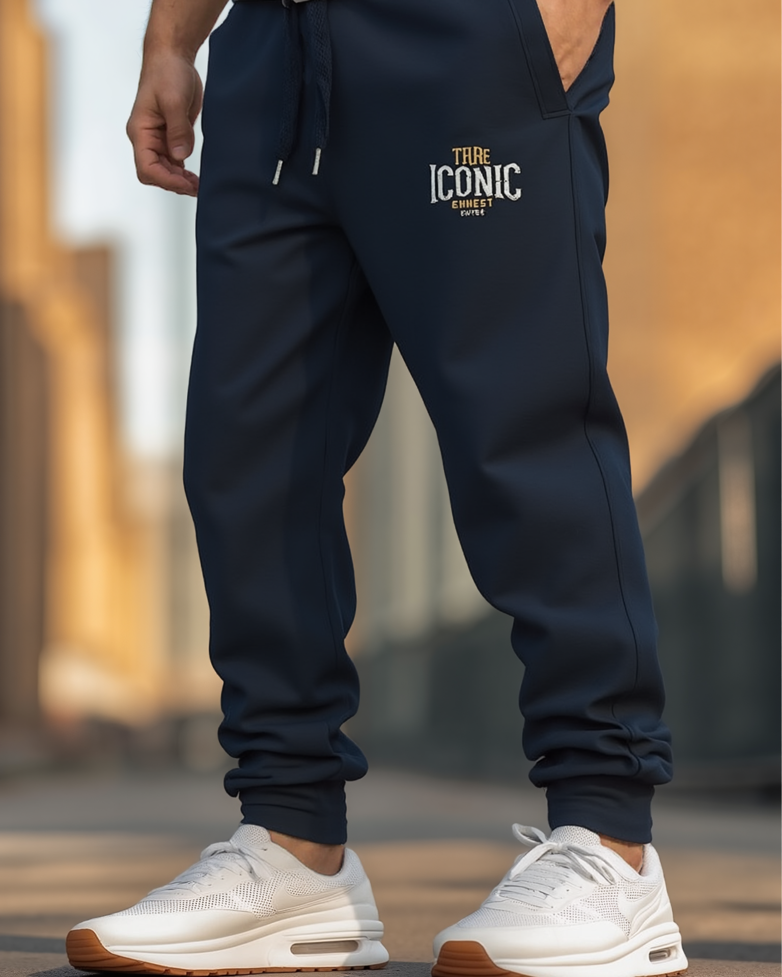 Navy jogger pants with 'THE ICONIC' logo worn by a person, blurred background