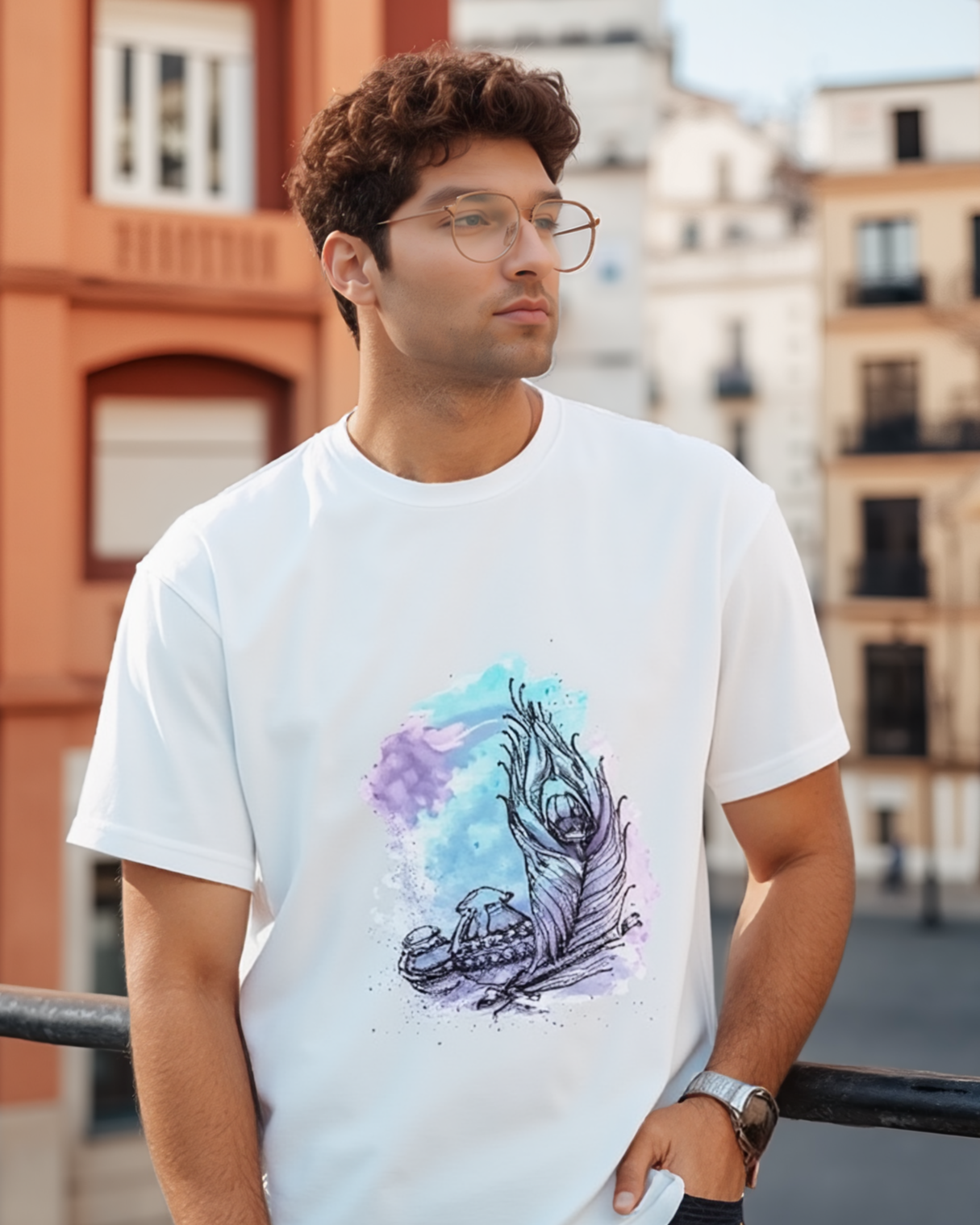 Man wearing a white t-shirt with a colorful feather design in an urban setting
