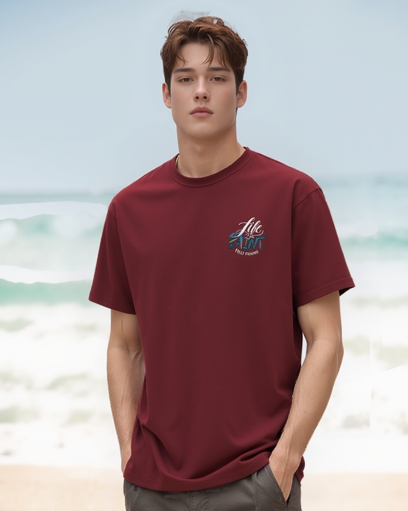 Man wearing a maroon t-shirt with a logo on a beach