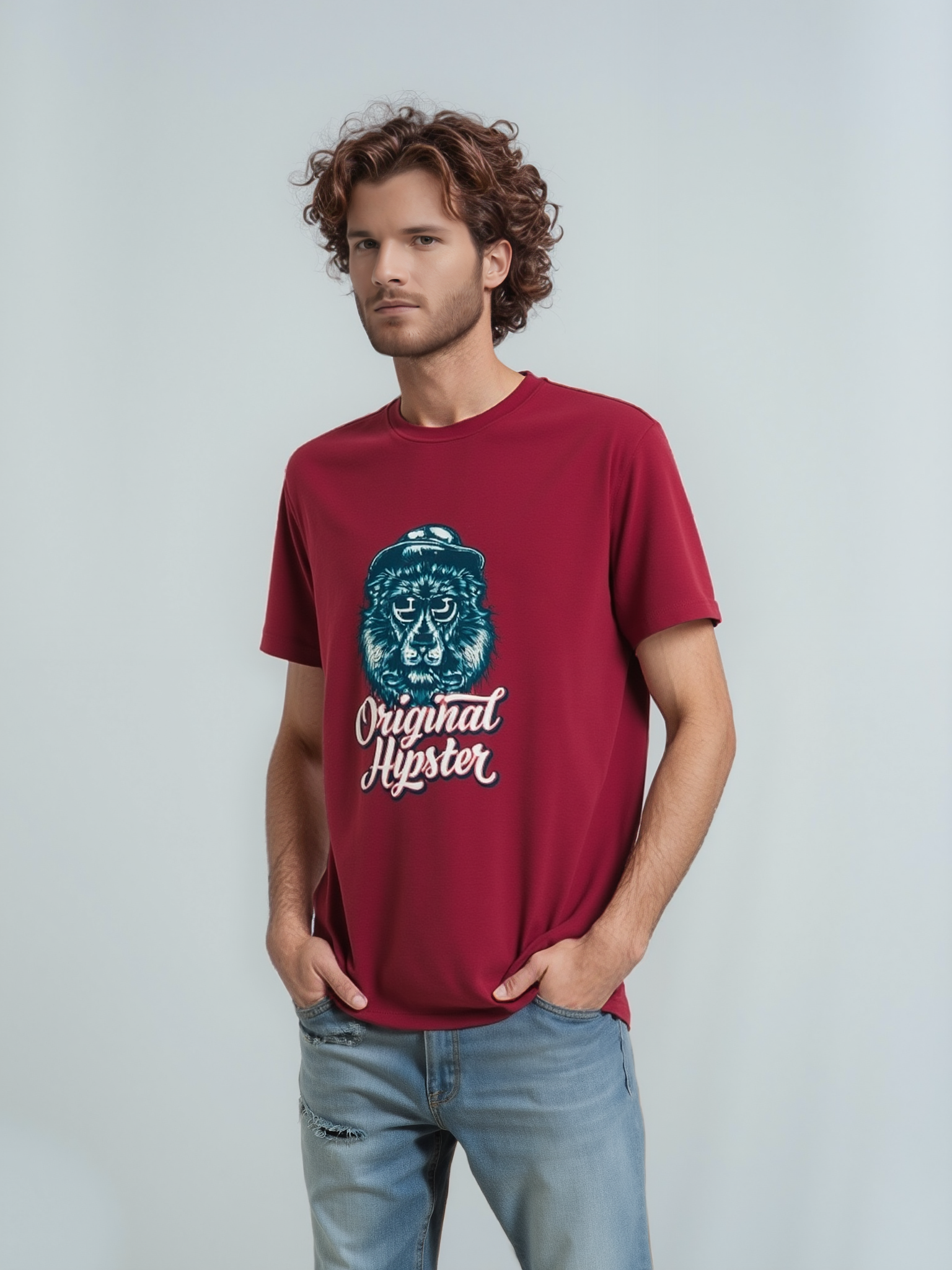 Man wearing a red t-shirt with a graphic design and text on a plain background