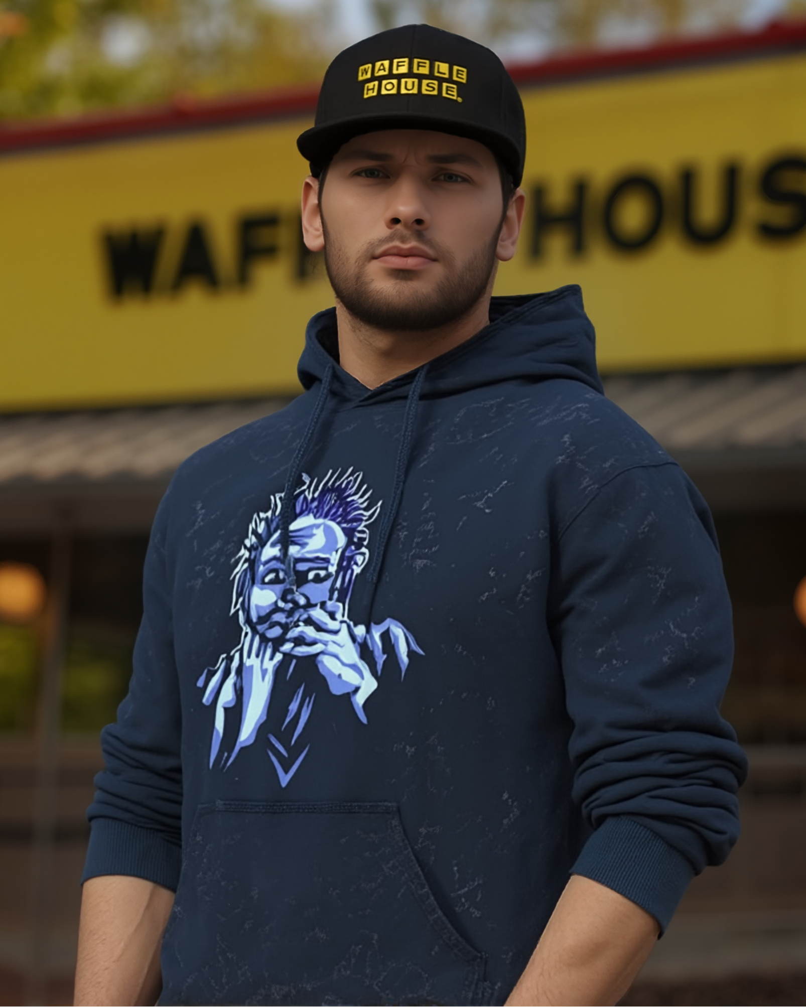 Man wearing a navy hoodie with a graphic design and a black cap in front of a building with a yellow sign.