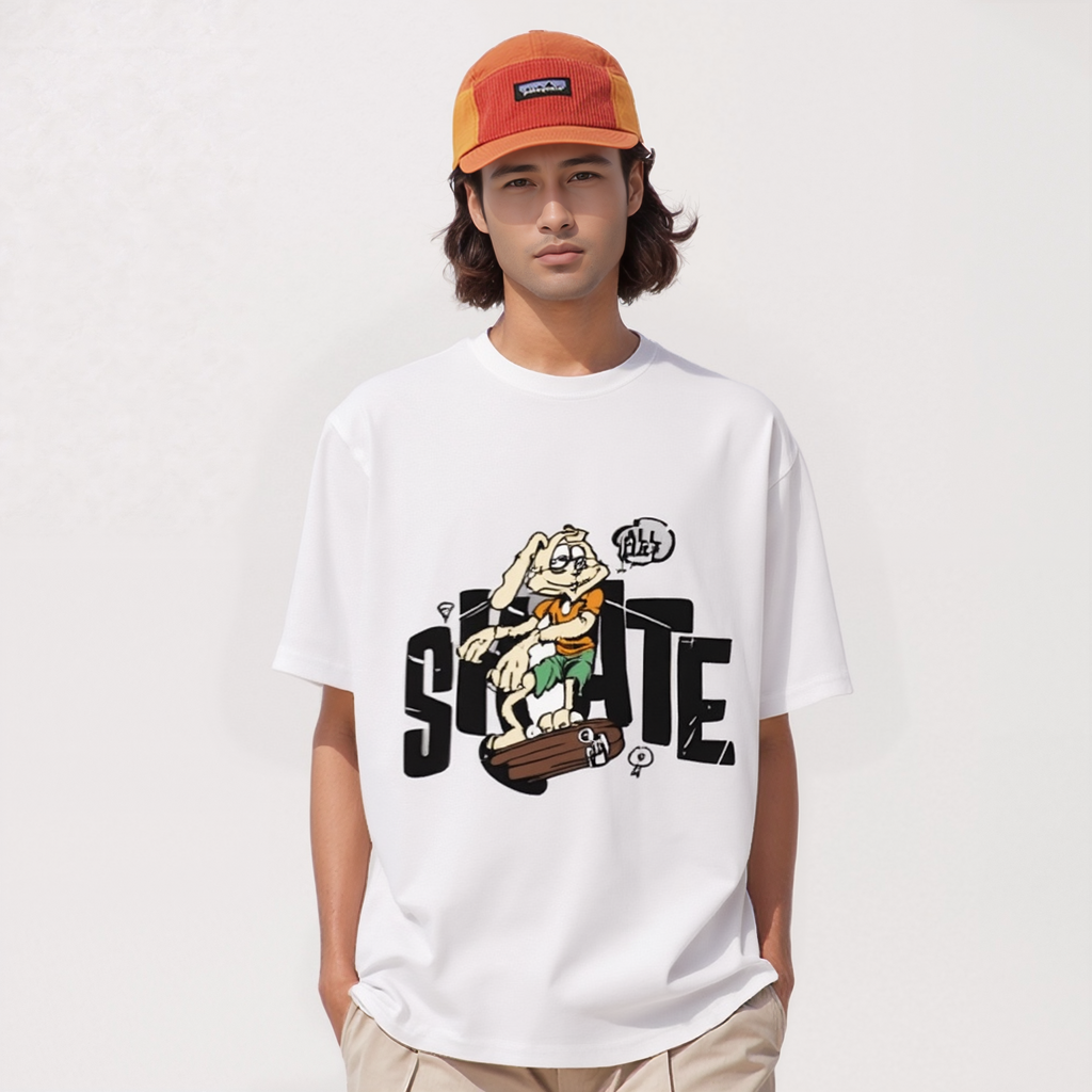 Person wearing a white t-shirt with a cartoon character and text, paired with an orange cap.