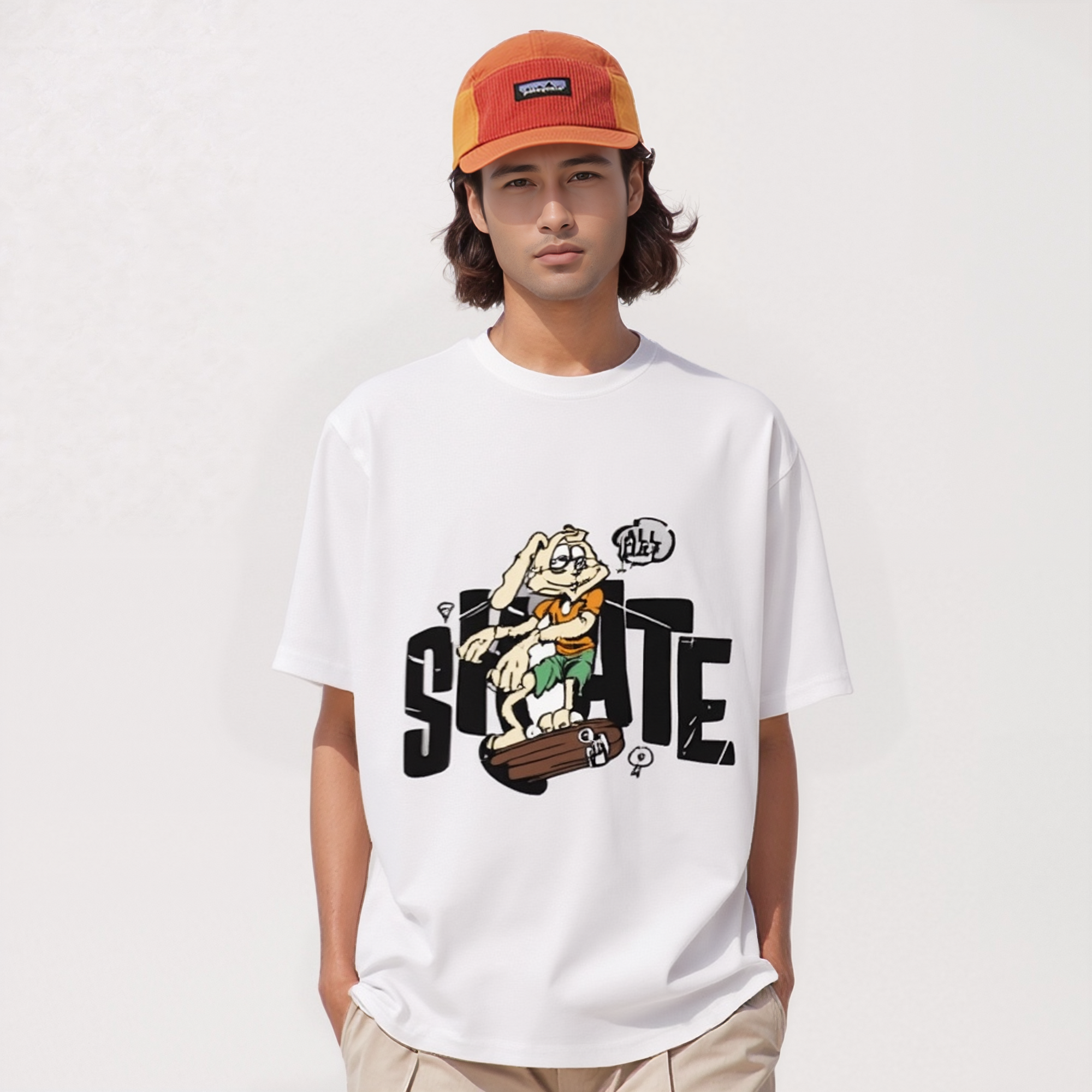 Person wearing a white t-shirt with a cartoon character and text, paired with an orange cap.