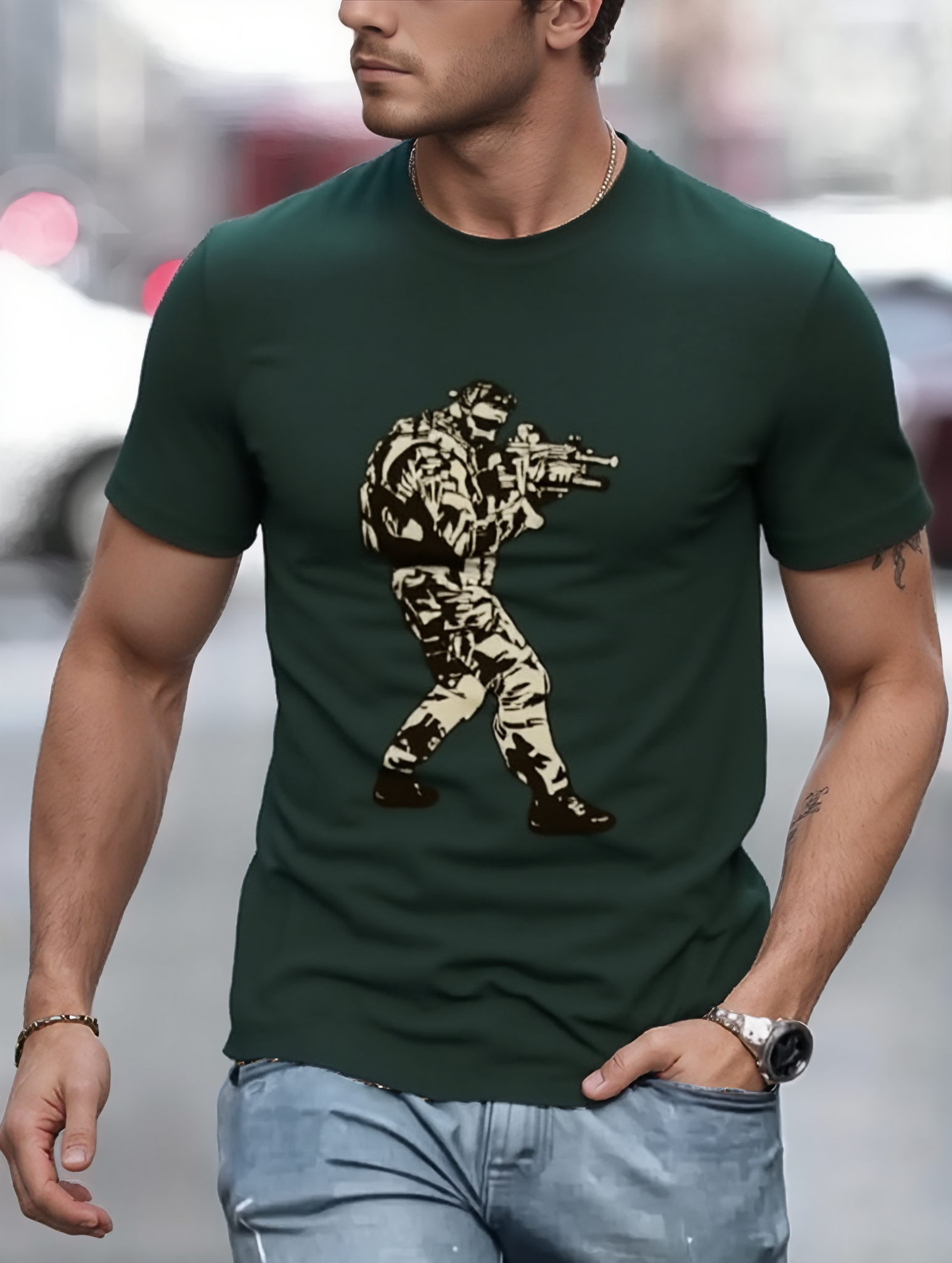 Man wearing a green t-shirt with a graphic design of a person in camouflage holding a gun.