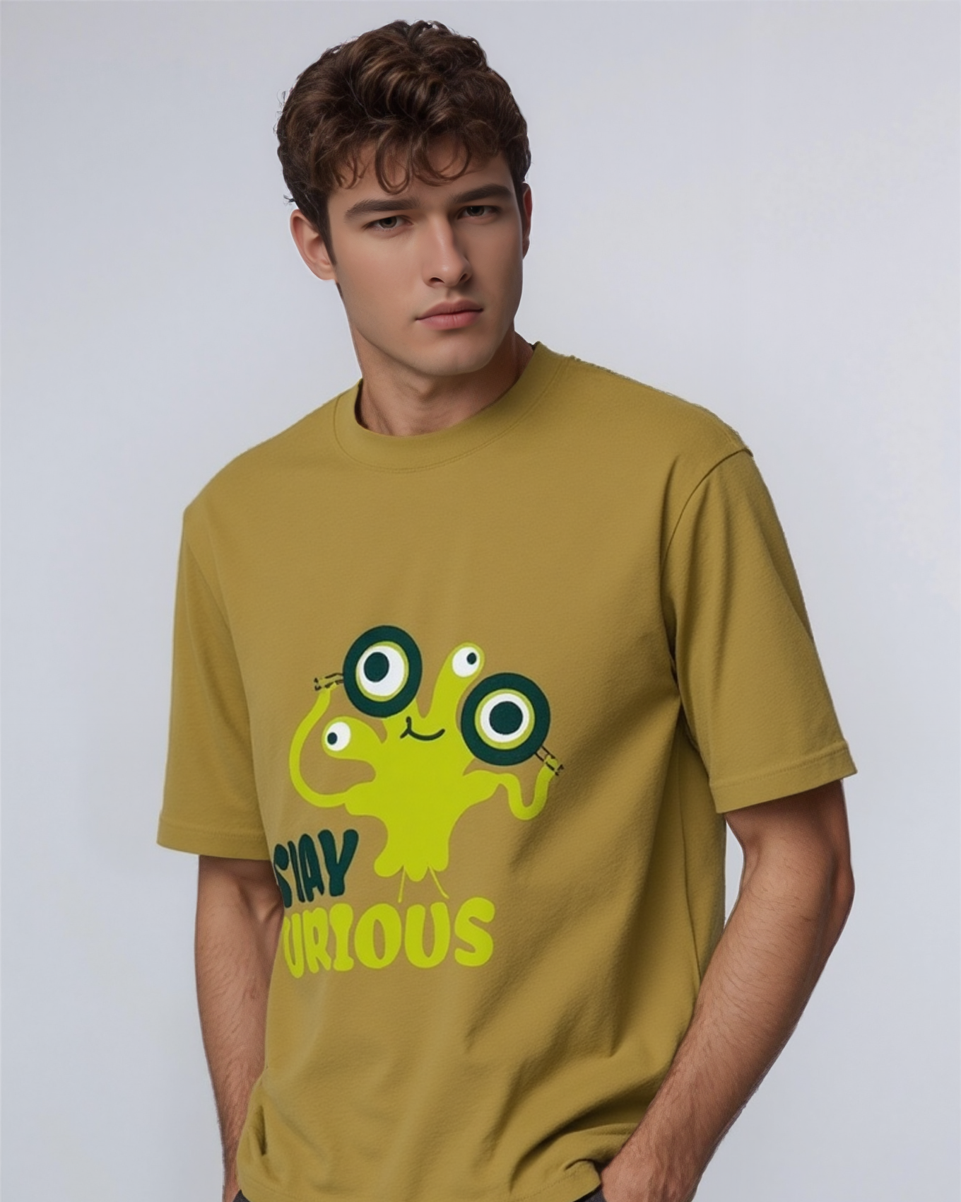 Man wearing a mustard yellow t-shirt with a green graphic and text on a plain background