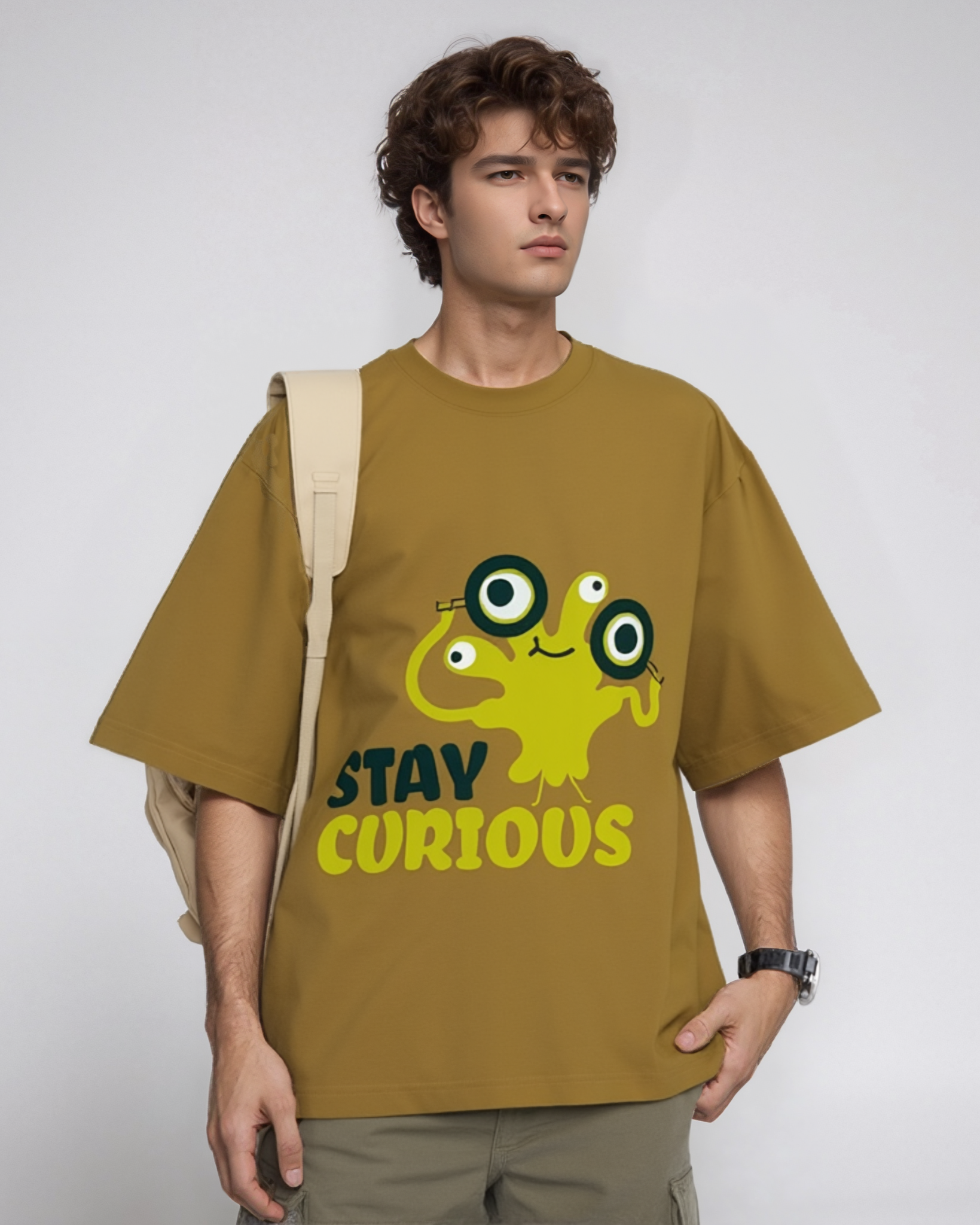 Person wearing a brown t-shirt with a green monster graphic and 'Stay Curious' text on a plain background