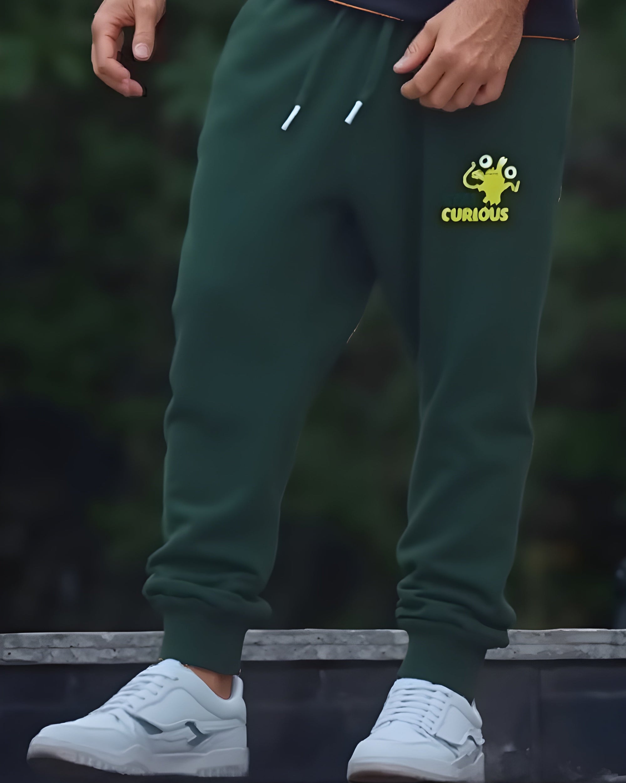 Person wearing green sweatpants with a yellow logo and text, standing on steps with a blurred background.