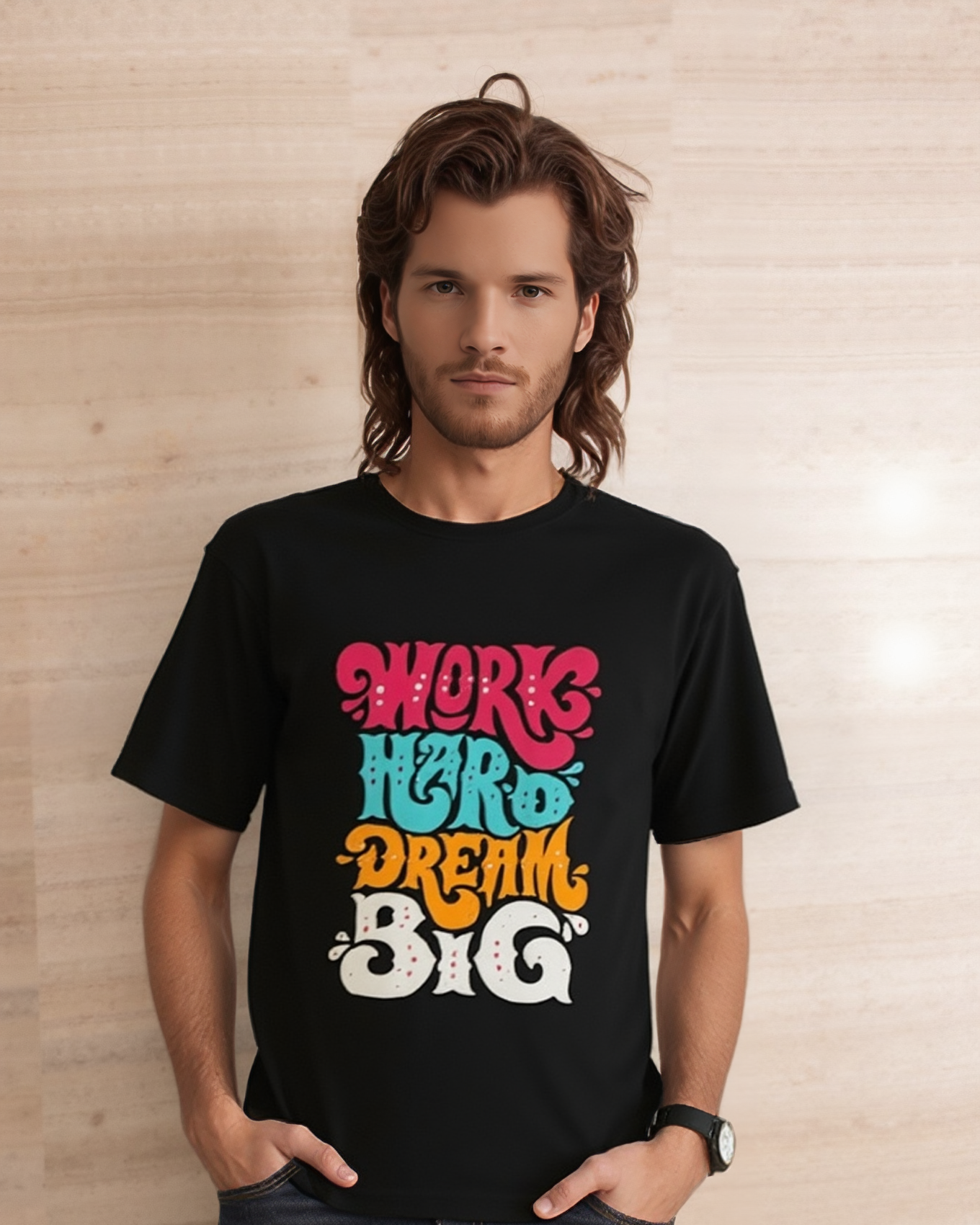 Man wearing a black t-shirt with colorful text design on a wooden background